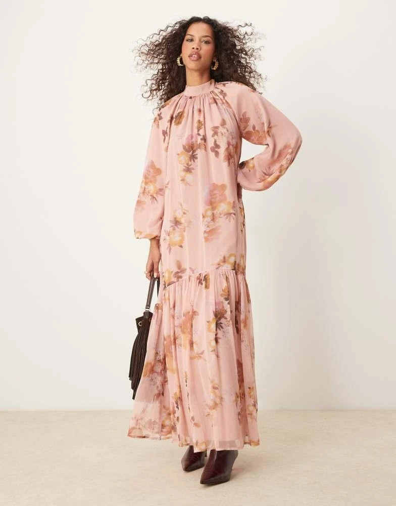 ASOS ASOS DESIGN smock tie bow back maxi dress in pink blurred floral print 1