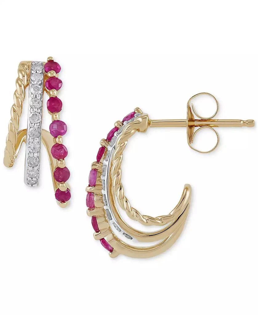 Macy's Ruby (1/4 ct. t.w.) & Diamond (1/10 ct. t.w.) Curved Halo Hoop Earrings in 14k Gold 3