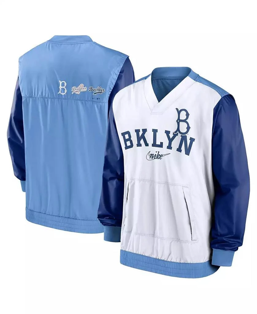 NIKE Men's White, Light Blue Los Angeles Dodgers Rewind Warmup V-Neck Pullover Jacket 1