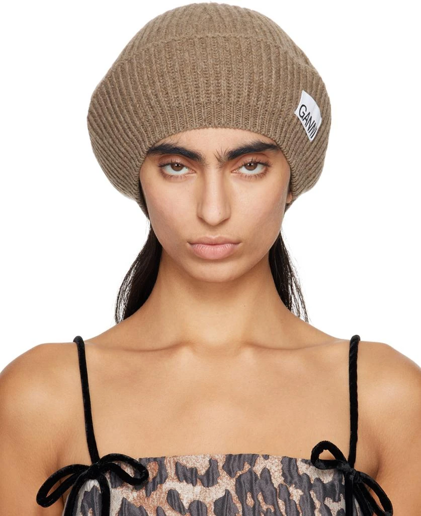 Ganni Taupe Wool Rib Knit Beret 1