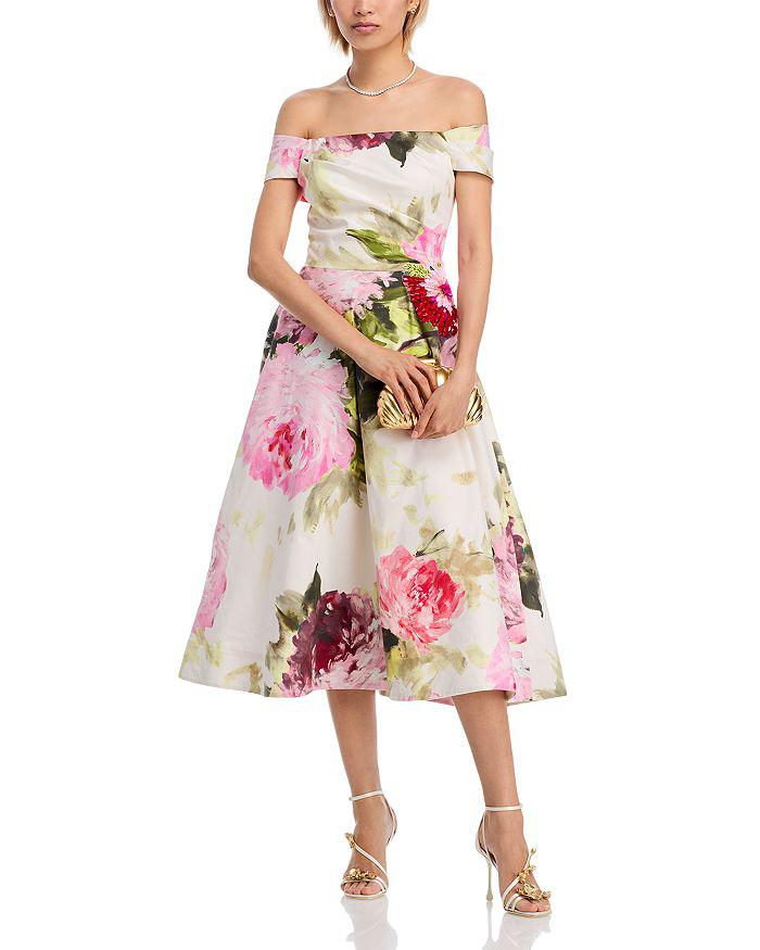 Teri Jon Off-the-Shoulder Cotton Dress with Beaded Flower Waist