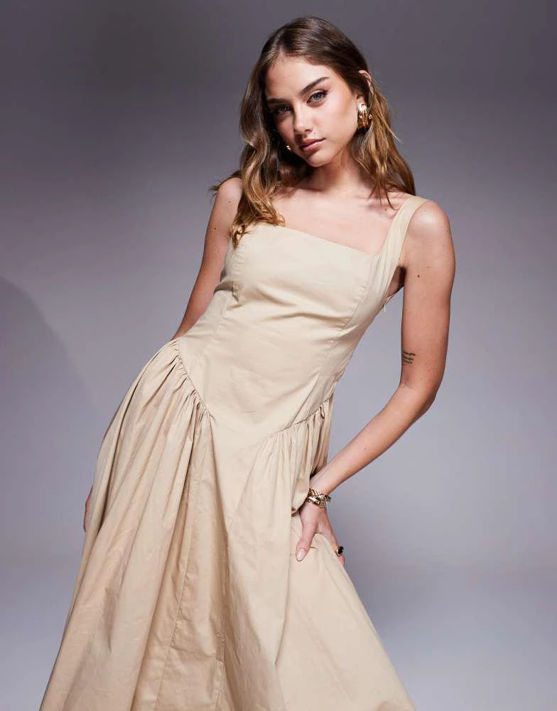 Kaiia exclusive cotton rich square neck gathered hip detail midi dress in  beige  On Sale Now with Up to 56% Off | Discover Exclusive Deals & Savings  at BeyondStyle  Authentic
