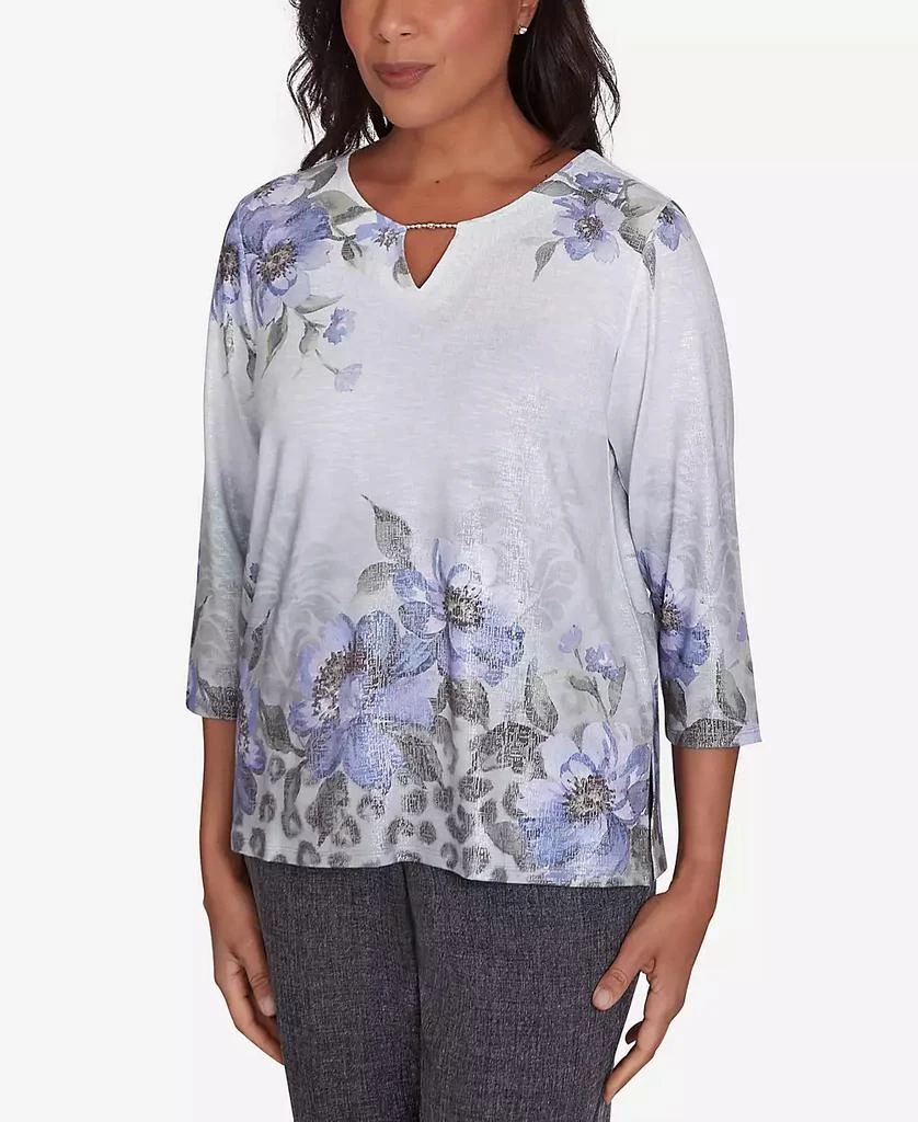 Alfred Dunner Petite Worth Avenue Beaded Split Neck Floral Shimmer Top 3