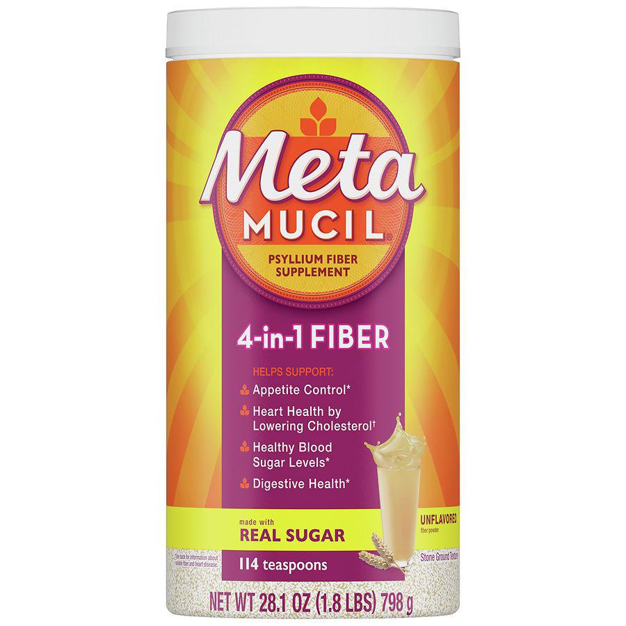 Metamucil Daily Psyllium Husk Powder Supplement with Real Sugar, 4-in-1 Fiber Unflavored