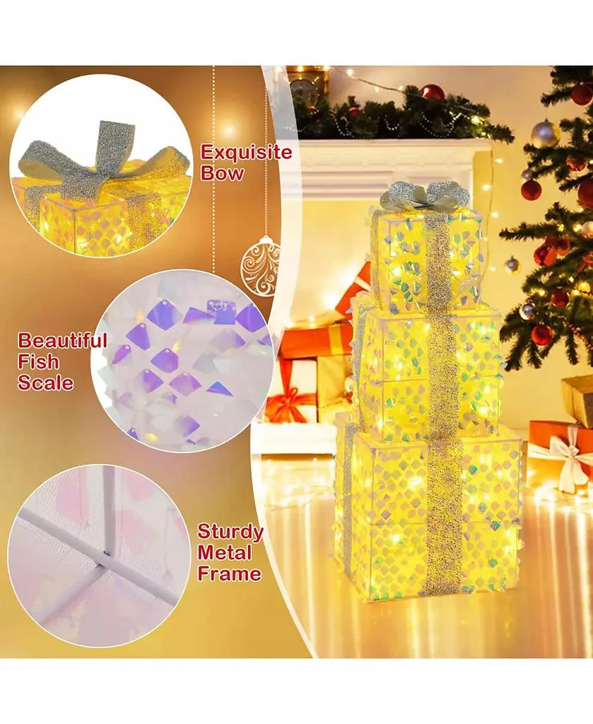 Costway 3 PCS Christmas Lighted Gift Boxes with 90 LED Lights Zip Ties Ground Stakes 7