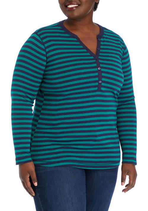 Chaps Plus Size Ribbed Henley Striped Top