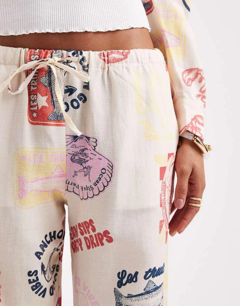 Pull&Bear Pull&Bear printed summer trouser co-ord in ecru 4