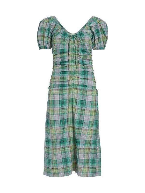 Ganni Plaid Puff Sleeve Midi Dress 5