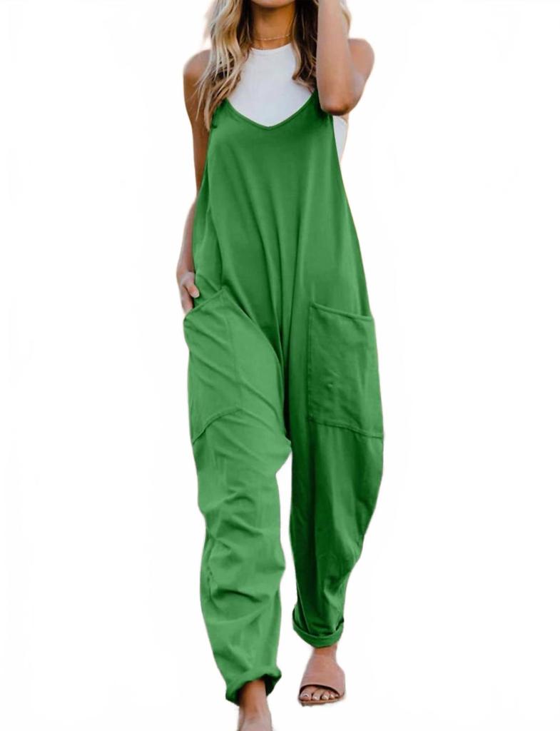 Double Take Full Size V-Neck Sleeveless Jumpsuit With Pockets In Green