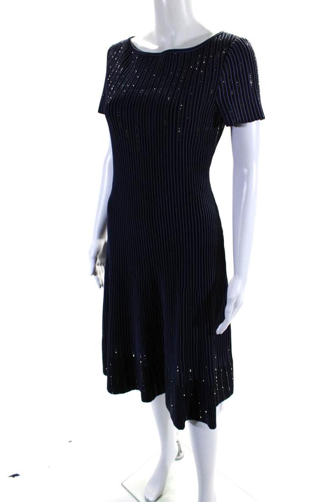 St. John Womens Striped Jeweled A Line Sweater Dress Black Blue