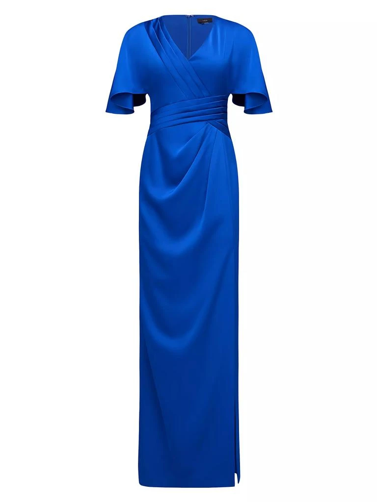 Theia Shea Satin Pleated Flutter-Sleeve Gown 1