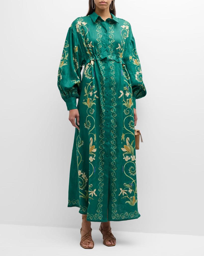 Agua by Agua Bendita Taos Esmeralda Floral Linen Balloon-Sleeve Maxi Shirtdress