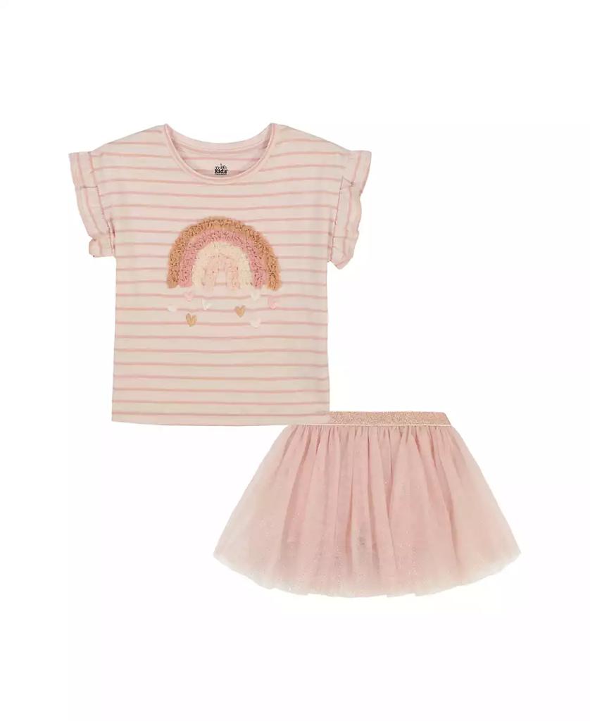 KIDS HEADQUARTERS Toddler and Little Girls 2-Piece Ruffle Sleeve Striped Rainbow Top and Gold Speckle Tulle Skort Set