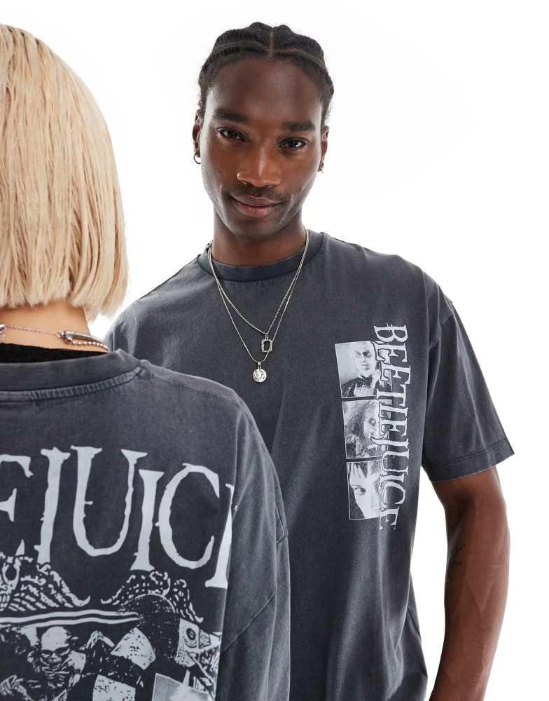 ASOS ASOS DESIGN Halloween unisex oversized t-shirt with Beetlejuice prints in washed black 2