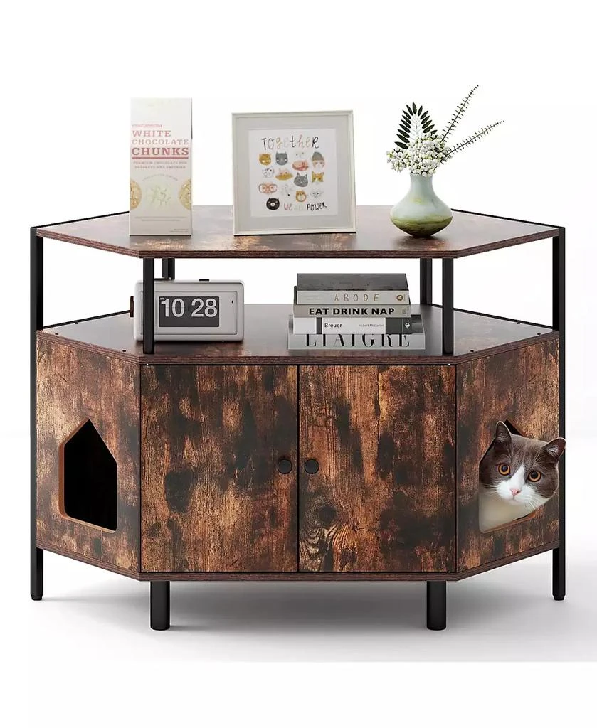 Gymax Corner Cat Litter Box Enclosure End Table w/ Open Shelf 2 Entries Double Doors