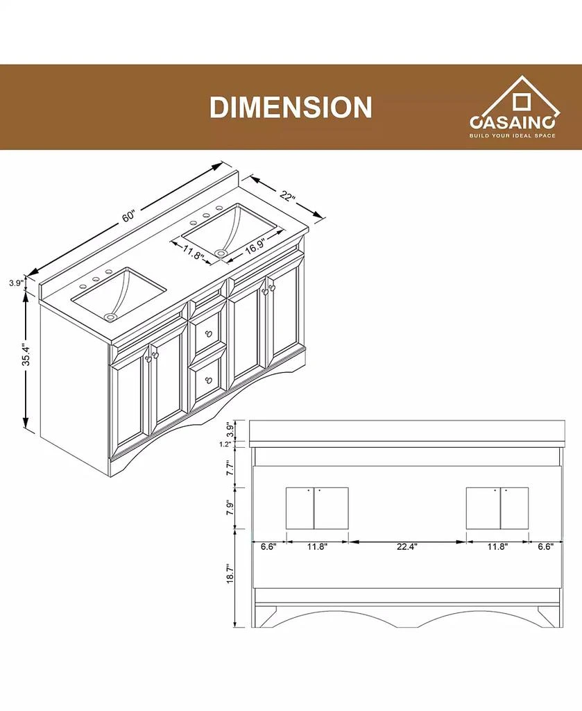 CASAINC 60-Inch Solid Wood Bathroom Vanity with Marble Top and Ceramic Basin 2
