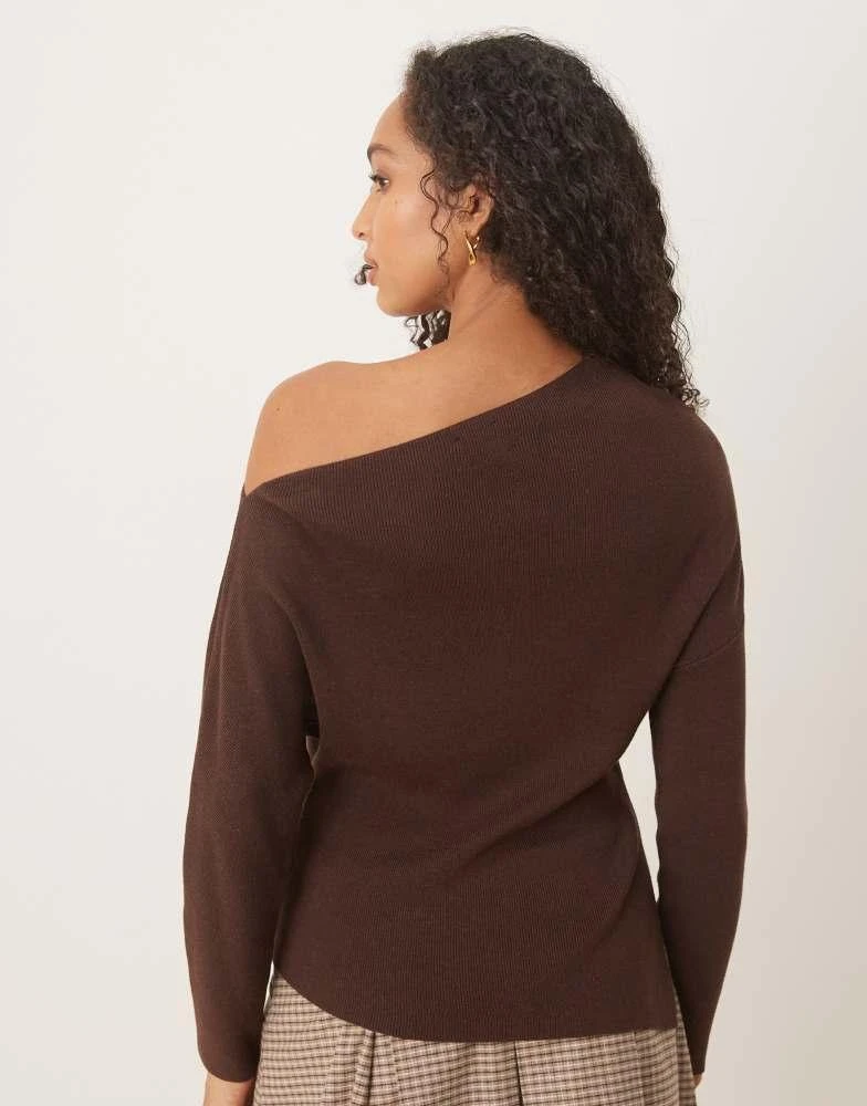 ASOS ASOS DESIGN knitted asymmetric off shoulder top in rib in chocolate 3