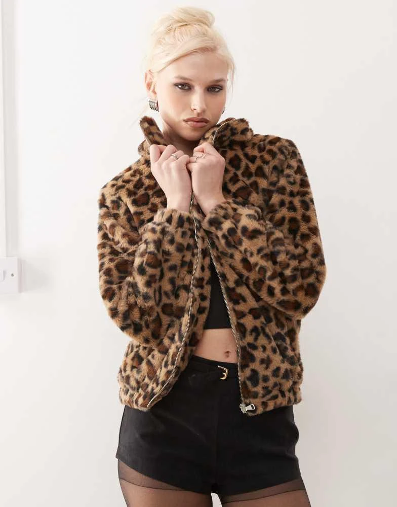 Princess Polly Princess Polly faux fur zip up jacket in leopard print 1