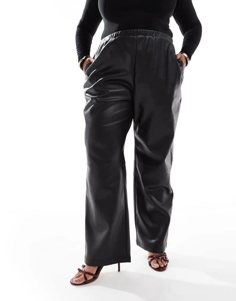 4th & Reckless Plus 4th & Reckless Plus leather look straight leg pull on trousers in black 2