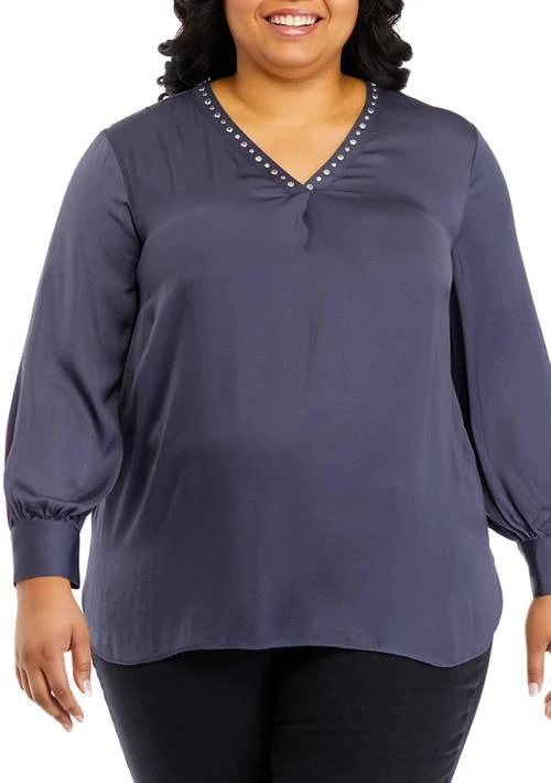 Carmen Marc Valvo Marc Valvo Plus Size Long Sleeve V Neck Blouse With Studs 1