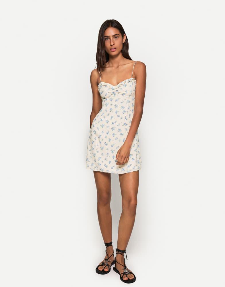 Bershka Bershka printed strappy mini dress in white