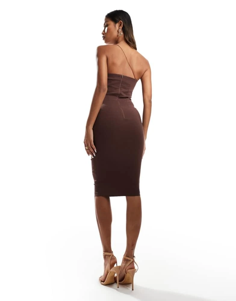 Vesper Vesper bengaline exclusive asymmetric one shoulder midi dress in chocolate 4
