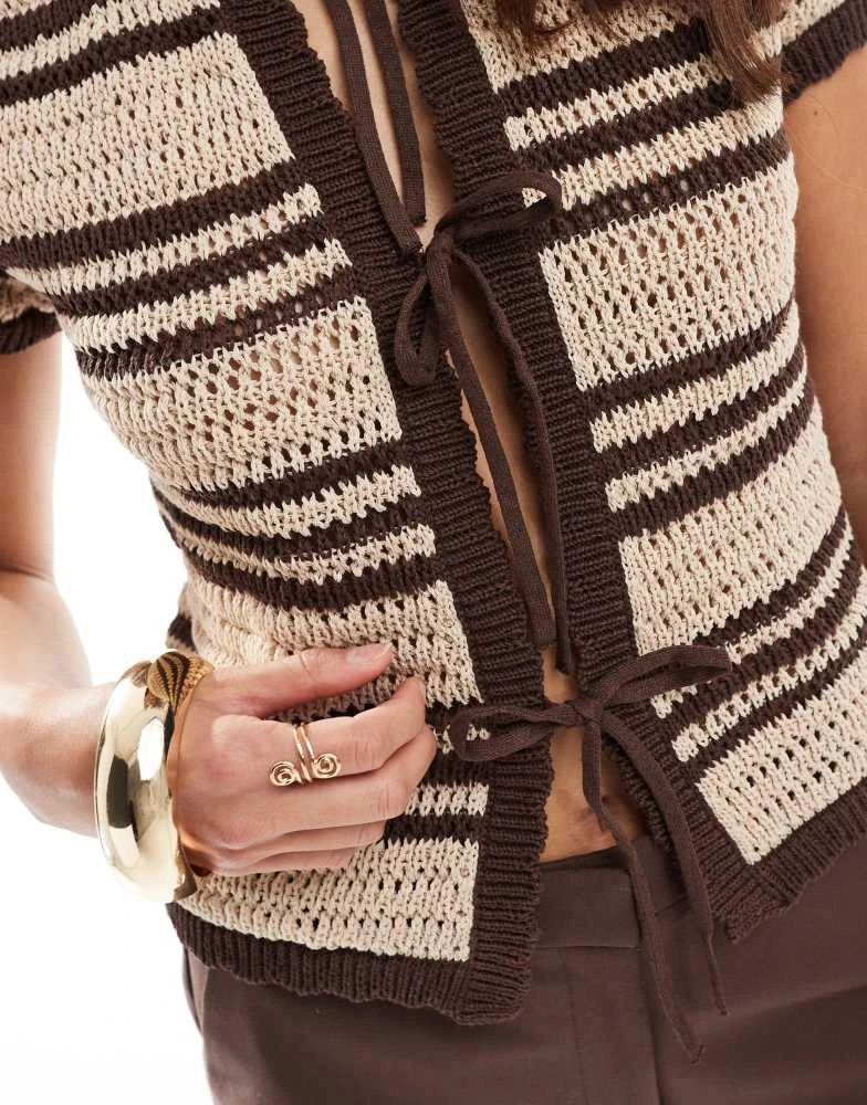 ASOS ASOS DESIGN crochet knit tie front striped cardigan in beige 4