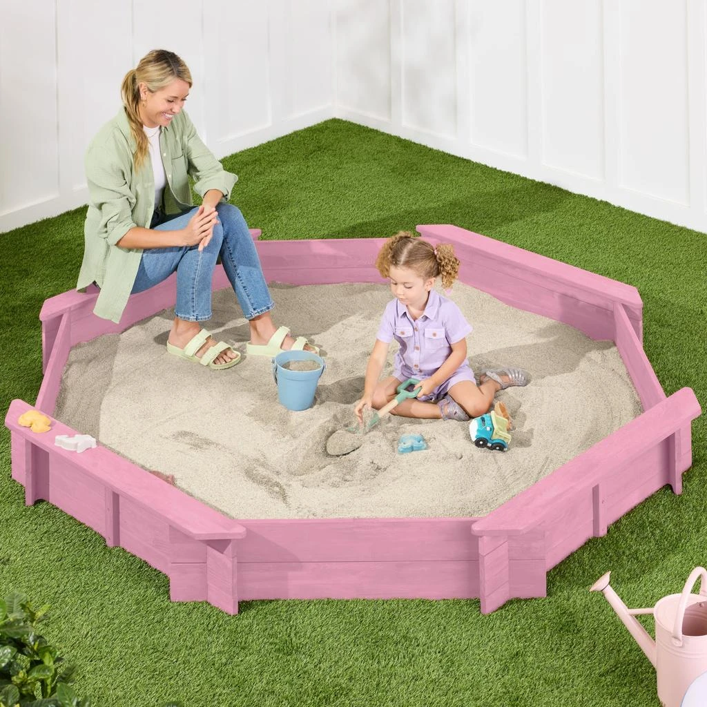 Best Choice Products Kid
s Octagonal Wooden Outdoor Sandbox w/ Benches, 8 Seats, Cover, XL Sandpit, Liner