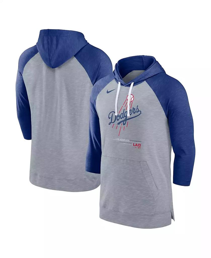NIKE Men's Heather Gray, Heather Royal Los Angeles Dodgers Baseball Raglan 3/4 Sleeve Pullover Hoodie
