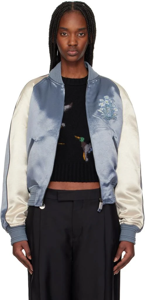 Burberry Blue & Off-White EKD Satin Bomber Jacket 1