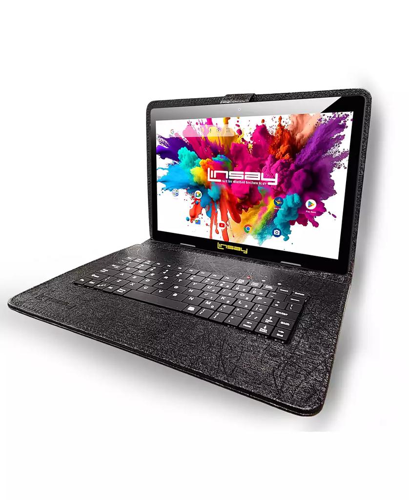 LINSAY New 10.1" Tablet Octa Core 128GB Newest Android 15 Premium Bundle with Deluxe Black Leather Keyboard Case Briefcase and Pen Stylus