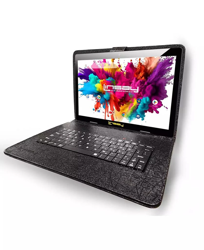 LINSAY New 10.1" Tablet Octa Core 128GB Newest Android 15 Premium Bundle with Deluxe Black Leather Keyboard Case Briefcase and Pen Stylus 2