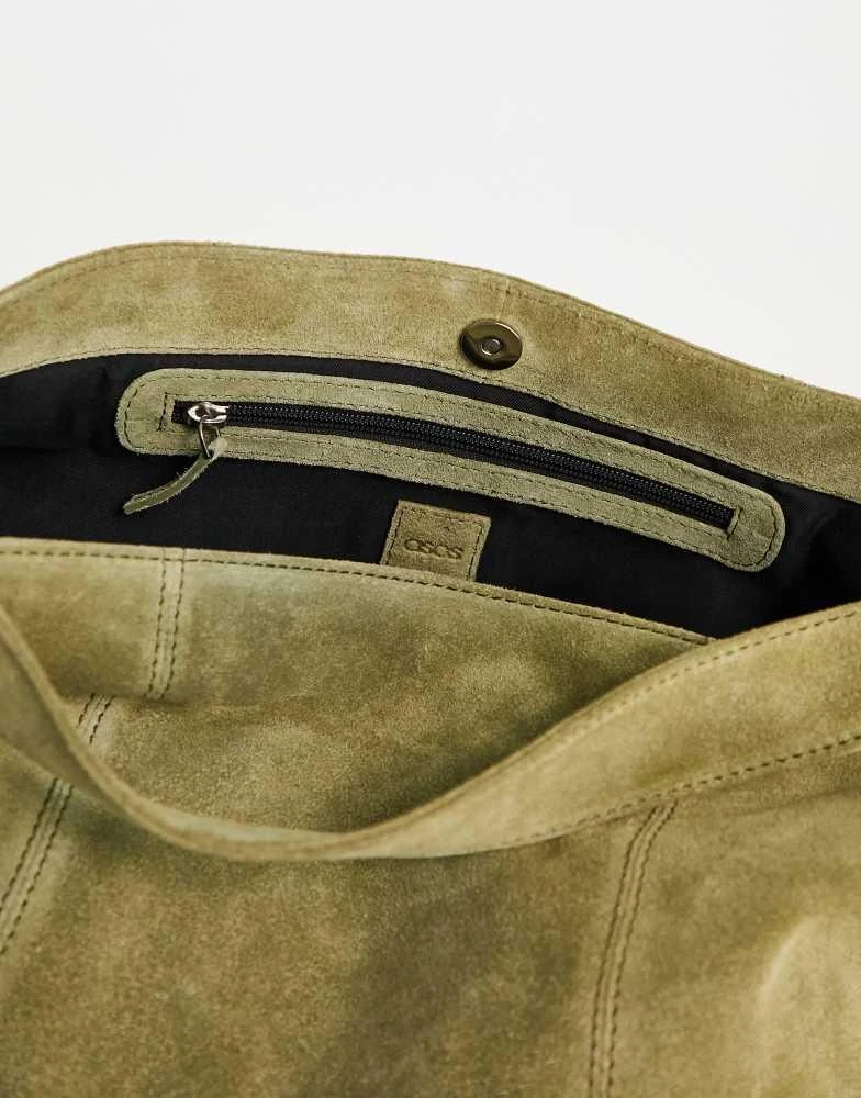 ASOS ASOS DESIGN suede tote bag with buckle in khaki green 3
