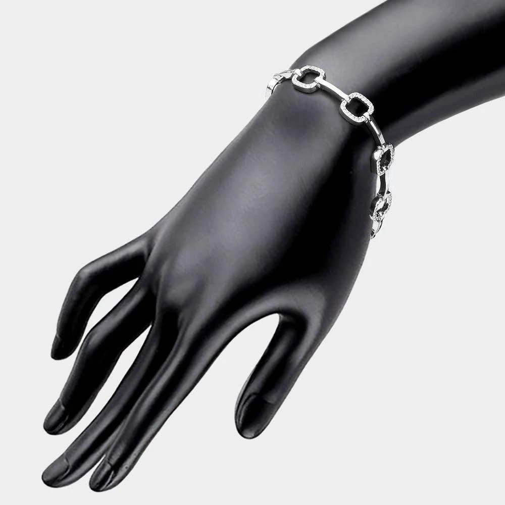 FASHNZFAB CZ Embellished Open Square Metal Bar Link Evening Bracelet