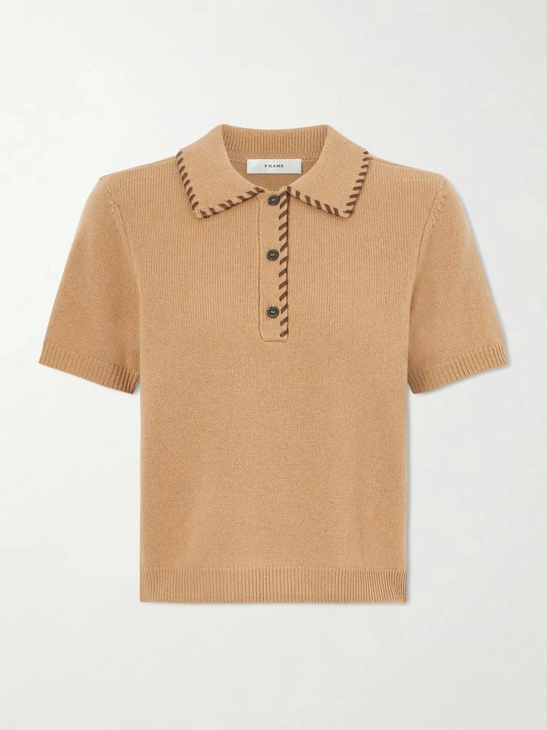 FRAME Whipstitched Leather-trimmed Wool And Cashmere-blend Polo Shirt - Camel