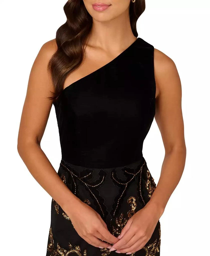 Adrianna Papell Women's One-Shoulder Beaded Velvet Ball Gown 4