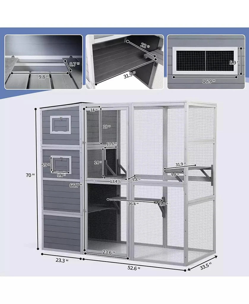 Streamdale Furniture Streamdale Large Wooden Cat Enclosure with Waterproof Roof and Platforms, Gray 4