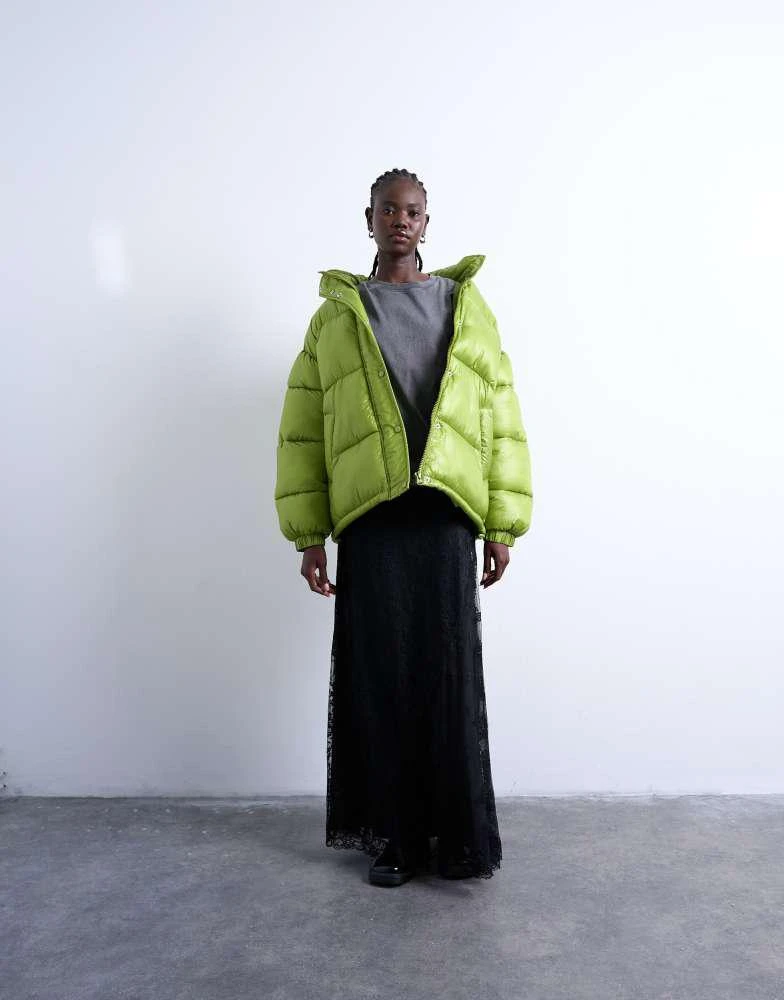Topshop Topshop High shine ripstop funnel neck puffer jacket in bright green 2