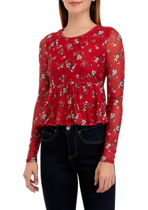 Love, Fire Fire Juniors Long Sleeve Mesh Babydoll Top