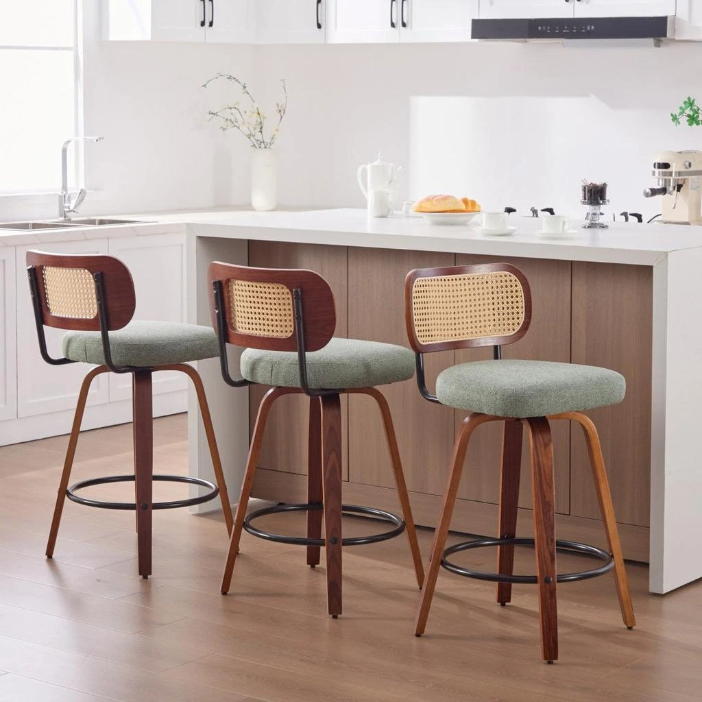 Streamdale Furniture Streamdale Set of 3, 26-Inch Counter Height Bar Stools - Walnut Black, Cane Rattan, Green Linen Seat
