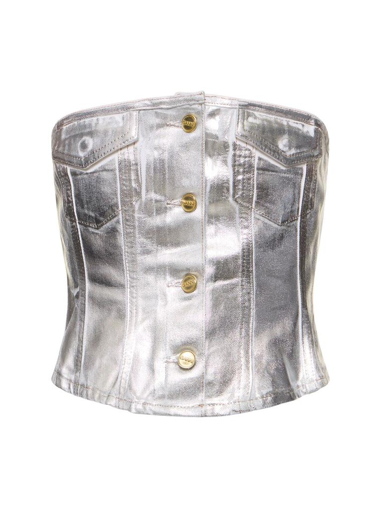 GANNI Foil Coated Denim Corset Top