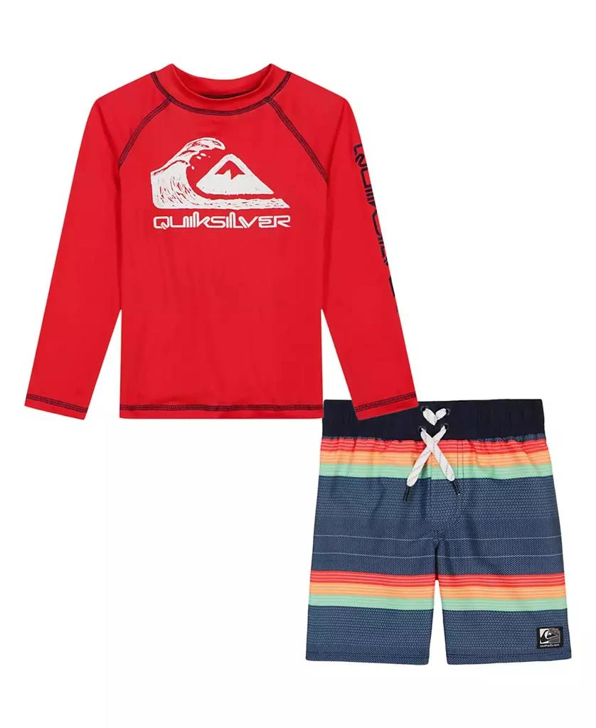 Quiksilver Little and Toddler Boys Long Sleeve Rashguard and Striped Boardshorts, 2 Piece Set 1