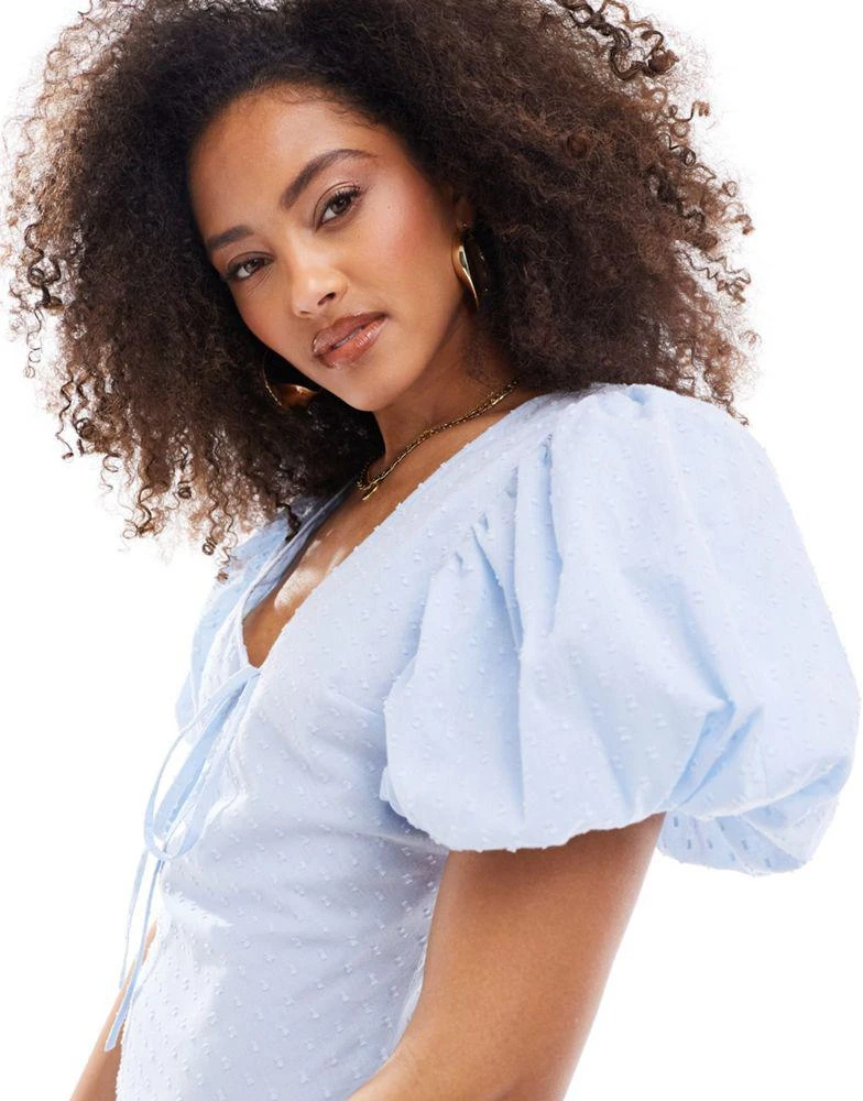 asos blue puff sleeve dress Asos Edition Off Shoulder Textured Mini Dress With Blouson Sleeve In Blue main image 0