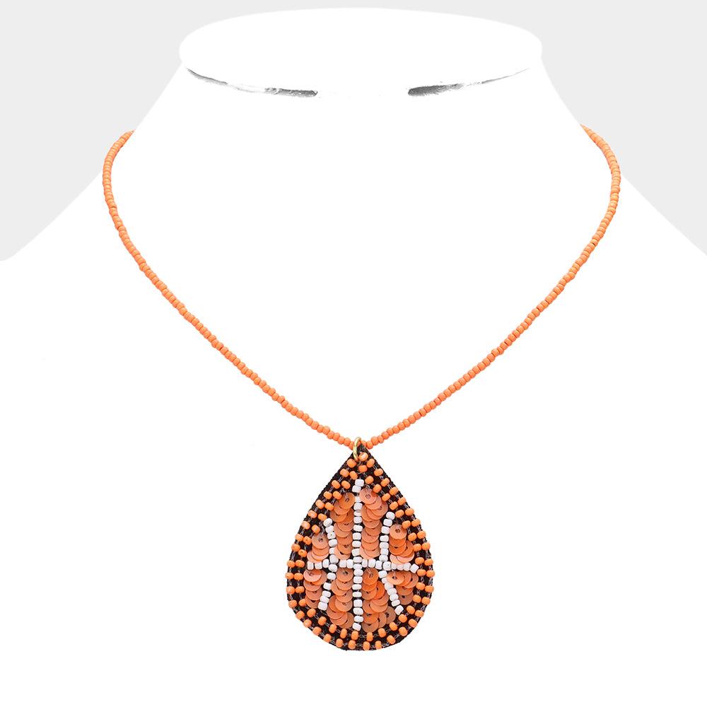FASHNZFAB Felt Back Sequin Beaded Basketball Teardrop Pendant Necklace