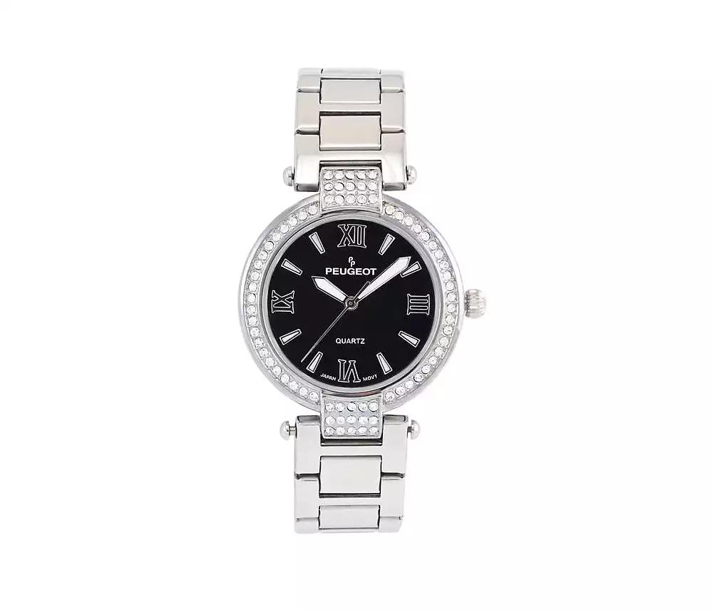 Peugeot Women's Watch Silver Bracelet Strap 38mm Round Case Black Dial with Crystal Bezel