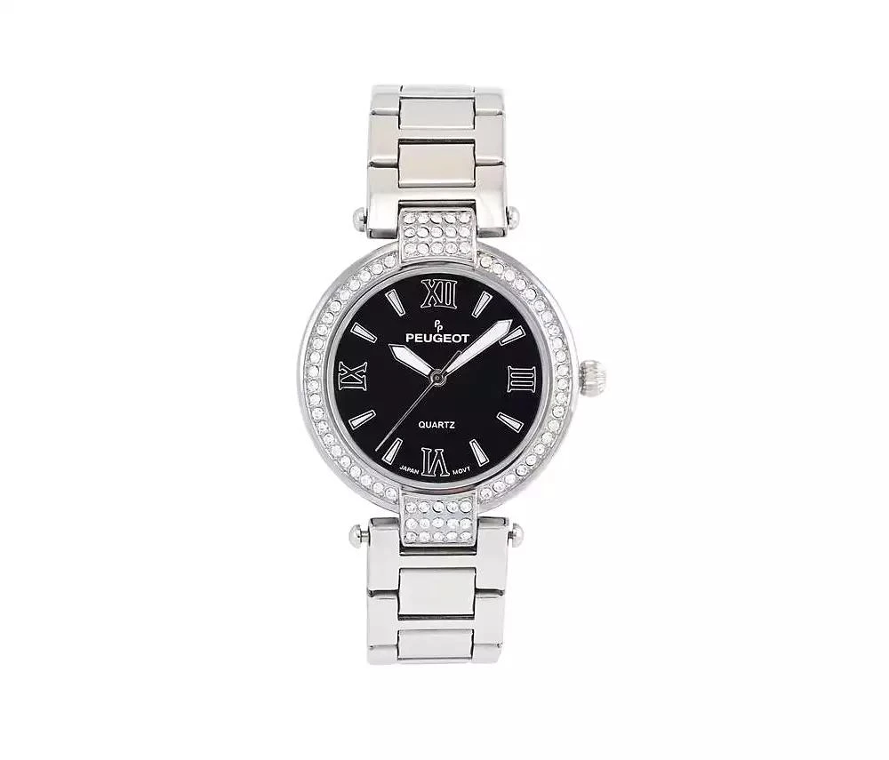 Peugeot Women's Watch Silver Bracelet Strap 38mm Round Case Black Dial with Crystal Bezel 1