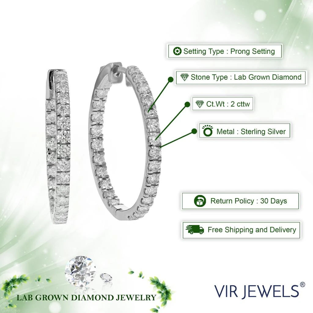 Vir Jewels 2 cttw Round Cut Lab Grown Diamond Hoop Earrings in .925 Sterling Silver Prong Set 3/4 Inch 3