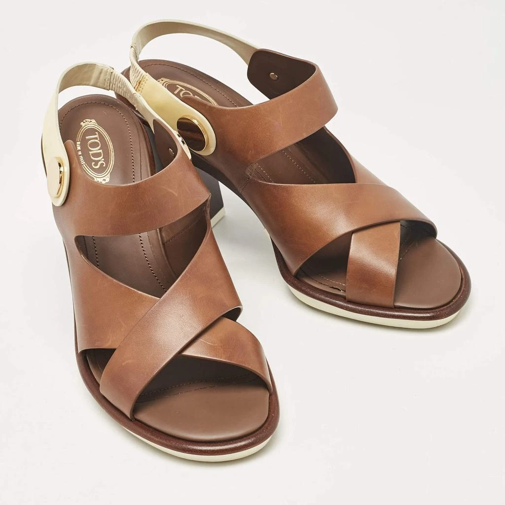 Tod's Tod's Brown/White Leather Block Heel Slingback Sandals Size 40 4