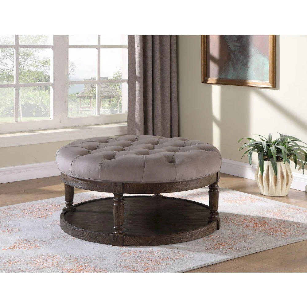 Best Master Furniture Best Master Linen Fabric Upholstered Round Ottoman in Otter/Smoked Rustic Gray
