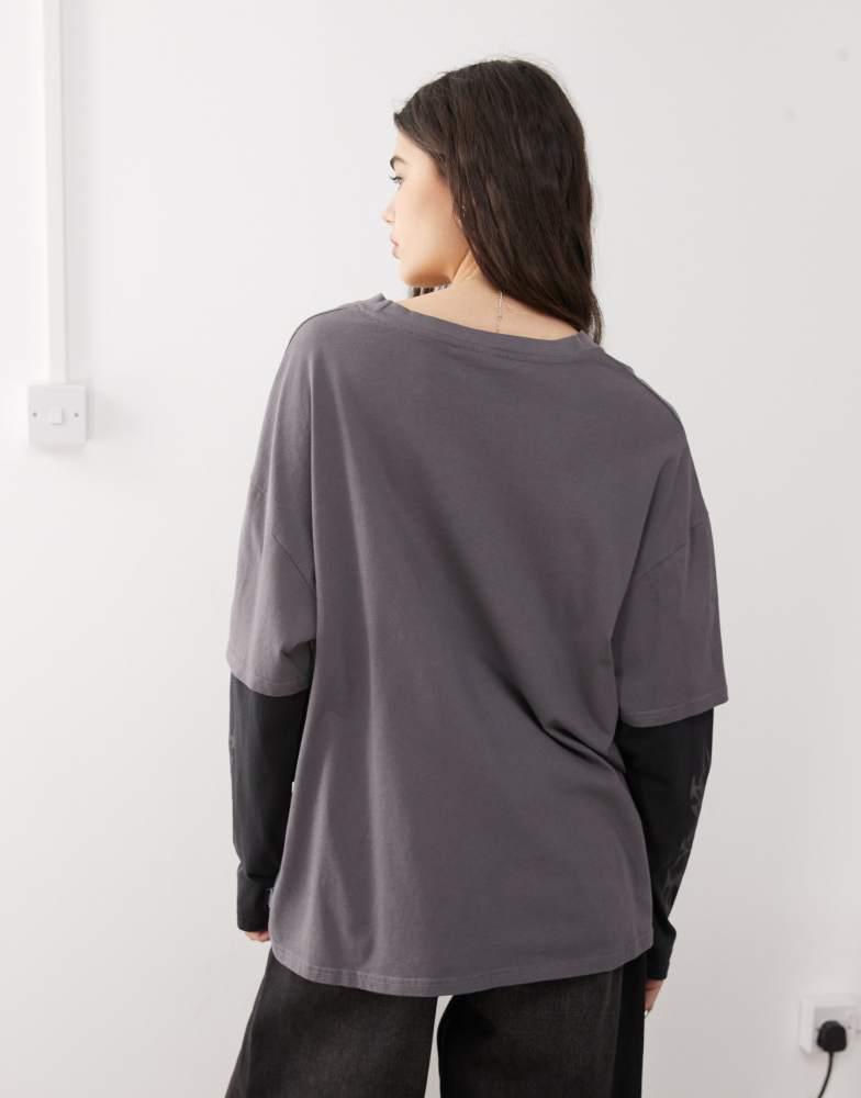 minga Minga London graphic print double layer t-shirt in grey